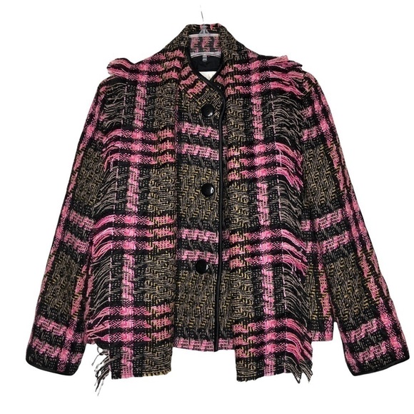 DONCASTER - Wool Tweed Blazer w/ Scarf Black, Pink, Tan Plaid - Size 8 - Picture 1 of 8
